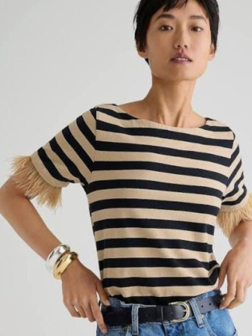 J. Crew 100% Cotton Mariner jersey cropped boatneck T-shirt with feathers